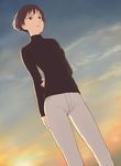  arms_behind_back brown_eyes brown_hair dutch_angle gake_no_ue_no_ponyo jas lisa_(ponyo) looking_afar pants parted_lips short_hair sky solo studio_ghibli sunset turtleneck 