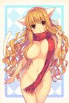  animal_ears bad_id bad_pixiv_id blonde_hair blush breasts cat_ears cat_tail large_breasts long_hair naked_scarf natsu_natsuna open_mouth original red_scarf scarf solo tail yellow_eyes 