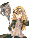 adjusting_goggles aioi_aoi alternate_costume blonde_hair bow braid corset dress engine goggles goggles_on_head hair_bow jacket kirisame_marisa long_hair mechanical_broom no_hat no_headwear smile solo steampunk touhou upper_body yellow_eyes 
