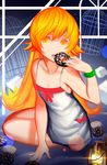  :o bad_id bad_pixiv_id bakemonogatari bare_arms blonde_hair cage doughnut dress eating food lantern long_hair looking_at_viewer monogatari_(series) oshino_shinobu sitting sketch solo thighs wristband xiaoshou_xiansheng yellow_eyes 