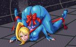  ass blonde_hair blue_eyes blush bodysuit bow breast_press breasts collaboration colorized curvy dojikko fallen_down head_down highres large_breasts lips lm_(legoman) long_hair metroid one_eye_closed ponytail ribbon samus_aran solo soubriquetrouge spot_color super_smash_bros. thick_thighs thighs toes top-down_bottom-up wide_hips zero_suit 