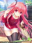  angel_beats! bag boots brown_footwear knee_boots leg_lift long_hair na-ga official_art pink_eyes pink_hair shirt short_shorts shorts smile solo thighhighs two_side_up yui_(angel_beats!) 