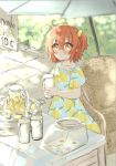  1girl aqua_dress chair commentary_request dress english_text fate/grand_order fate_(series) food food_stand fruit fujimaru_ritsuka_(female) lemon lemon_print lemonade money pitcher print_dress shino-o solo younger 