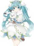  :3 absurdres animal aqua_eyes aqua_hair bad_id bad_pixiv_id bunny flower hatsune_miku highres holding holding_animal long_hair looking_at_viewer maple_(57675110) smile snowdrop_(flower) snowflakes twintails very_long_hair vocaloid white_background yuki_miku yukine_(vocaloid) 