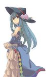  adapted_costume aioi_aoi alternate_costume blue_hair detached_sleeves dress food fruit hat hinanawi_tenshi long_hair peach red_eyes solo touhou 