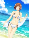  bad_id bad_pixiv_id beach bikini blue_eyes brown_hair cloud day highres looking_at_viewer navel nayuta69 ocean original outdoors shiny shiny_skin short_hair side-tie_bikini sky smile solo swimsuit thigh_gap water wet white_bikini 