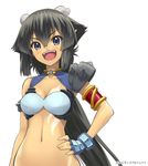  :d armlet black_hair blue_eyes breasts cleavage errant fangs fingerless_gloves gloves hand_on_hip horns long_hair medium_breasts midriff momo_kyun_sword navel onihime_(momokyun) open_mouth out-of-frame_censoring pointy_ears ponytail smile solo 