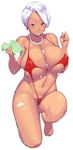  barefoot bikini blue_eyes breasts dark_skin dragon_quest dragon_quest_iii earrings erect_nipples hakai_shin huge_breasts jewelry lipstick makeup micro_bikini necklace one_knee pearl_necklace pubic_hair short_hair silver_hair sling_bikini soap sponge swimsuit thief_(dq3) wet 