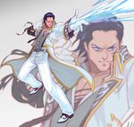  black_hair blue_eyes claudio_serafino energy_arrow gloves hair_slicked_back long_coat male_focus pants seeso2d solo tekken tekken_7 white_gloves zoom_layer 