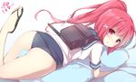  ass from_behind i-168_(kantai_collection) kantai_collection long_hair ponytail red_eyes red_hair sandals school_swimsuit solo swimsuit watanon_(gakushokutei) 