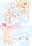  adapted_costume ayase_eli blonde_hair blue_eyes boots breasts center_opening flower frapowa fur_boots gloves hair_flower hair_ornament knee_boots large_breasts love_live! love_live!_school_idol_project navel nipple_slip nipples ponytail skirt snow_halation solo white_footwear 