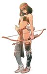  1girl bare_shoulders belt black_hair bow_and_arrow breasts brown_eyes headband hip jj_frenchie joel_jurion knife loincloth native_american navel shoes thighhighs underboob vest weapon 
