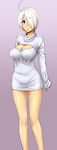  ahoge angel_(kof) blue_eyes breasts cleavage dress hair_over_one_eye large_breasts legs looking_at_viewer meme_attire open-chest_sweater ribbed_sweater short_hair silver_hair solo st.germain-sal sweater sweater_dress the_king_of_fighters thighs 
