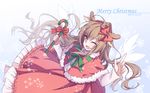  aisaka_taiga antlers brown_eyes brown_hair candy candy_cane christmas dress food long_hair one_eye_closed reindeer_antlers sack shawl toradora! transistor wings 