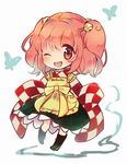  ;d apron bell bug butterfly character_name checkered chibi clothes_writing hair_bell hair_ornament insect japanese_clothes motoori_kosuzu one_eye_closed open_mouth red_eyes red_hair sen1986 short_hair smile solo touhou two_side_up 