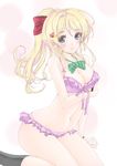  ayase_eli bare_shoulders black_legwear blonde_hair blue_eyes bow bra breasts cleavage frapowa hair_ornament hair_ribbon hairclip large_breasts lingerie love_live! love_live!_school_idol_project navel panties parted_lips ponytail ribbon socks solo striped striped_bow underwear underwear_only 