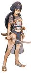  1girl armor blue_eyes breasts brown_hair cape indian jj_frenchie joel_jurion loincloth navel shield shoes sword turban underboob weapon 