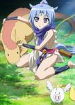 absurdres animal_ears aqua_hair bare_legs barefoot dog_days forehead_jewel highres horse_ears horse_girl horse_tail pig ponytail purple_eyes scarf screencap sharu_(dog_days) short_hair solo stitched tabard tail third-party_edit 