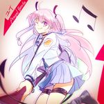  aki_(neyuki41028) angel_beats! bad_id bad_pixiv_id beamed_eighth_notes choker demon_tail foreshortening guitar instrument leg_belt long_hair musical_note one_eye_closed pink_eyes pink_hair school_uniform serafuku shinda_sekai_sensen_uniform tail two_side_up yui_(angel_beats!) 