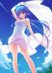  :d aoki_lapis arms_up blue_hair blue_sky bracelet breasts carnelian day dress earrings gradient_hair grass headband holding image_sample jewelry jpeg_artifacts long_hair medium_breasts multicolored_hair open_mouth purple_hair see-through_silhouette silhouette skirt sky sleeveless smile translucent twitter_sample very_long_hair vocaloid wind 