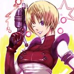  blonde_hair bodysuit darker_than_black gun kae_(artist) lipstick makeup oreille purple_eyes short_hair smile solo weapon wink 