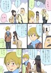  1girl 2boys backpack bag beret blush bouncing_breasts breasts comic facial_hair flying_sweatdrops handbag handheld_game_console hat hige_habahiro large_breasts long_hair mio5 multiple_boys mustache night nintendo_ds ojisan_to_marshmallow otoi_rekomaru outdoors scarf sidelocks spoken_ellipsis sweatdrop translated wakabayashi_isamu 