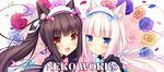  2girls animal_ears bangs blue_eyes blunt_bangs blush bow brown_hair cat_ears chocola_(sayori) eyelashes female flower hair_bow hair_ornament hair_ribbon long_hair looking_at_viewer multiple_girls nekopara open_mouth orange_eyes petals ribbon rose sayori slit_pupils straight_hair twintails vanilla_(sayori) waitress white_hair 