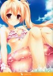  absurdres amairo_islenauts any_(trueblue) bikini blonde_hair blue_sky breasts brown_eyes cleavage cloud day frilled_bikini frills highres huge_filesize innertube jewelry knees_together_feet_apart medium_breasts necklace ocean pink_bikini shirley_warwick side_ponytail sky smile swimsuit 