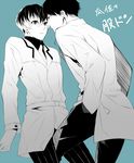  black_hair blue_background hands_in_pockets kaneki_ken leg_between_thighs monochrome multicolored_hair multiple_boys necktie sasaki_haise short_hair tokyo_ghoul tokyo_ghoul:re trench_coat urie_kuki white_hair 