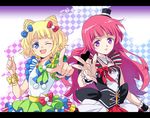  agahari blonde_hair blue_eyes blush bow double_bun dress hair_bow hat houjou_sophie long_hair looking_at_viewer minami_mirei mini_hat mini_top_hat multiple_girls one_eye_closed open_mouth outstretched_arm outstretched_hand pointing pointing_at_viewer pretty_(series) pripara purple_eyes red_hair smile top_hat 