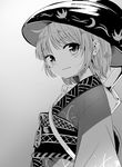  bowl bowl_hat greyscale hat japanese_clothes kimono monochrome needle obi sash short_hair smile solo sukuna_shinmyoumaru suna_(s73d) touhou 