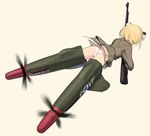  animal_ears ass blonde_hair bug butterfly dog_ears dog_tail flat_ass flying full_body gun insect jane_t_godfrey long_sleeves lowres military military_uniform panties shimada_fumikane short_hair solo striker_unit tail underwear uniform weapon white_panties world_witches_series 