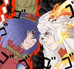  anger_vein collar fire fujiwara_no_mokou highres mirror multiple_girls ofuda purple_hair red_eyes ribbon touhou versapro white_hair yasaka_kanako 