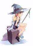  adapted_costume alternate_hairstyle apron blonde_hair boots braid broom hat kirisame_marisa low_twintails profile sen1986 side_braid sitting touhou twintails witch_hat yellow_eyes 