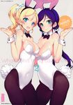  2girls :d animal_ears ayase_eli bare_shoulders blonde_hair blue_eyes body_blush bow bowtie breasts brown_legwear bunny_ears bunny_tail bunnysuit cleavage covered_navel fake_animal_ears green_eyes hairband highres huge_breasts large_breasts legs long_hair looking_at_viewer love_live!_school_idol_project low_twintails multiple_girls ooyari_ashito open_mouth pantyhose ponytail purple_hair shiny shiny_skin simple_background smile standing tail thighs toujou_nozomi twintails wrist_cuffs 