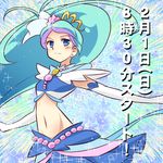  blue blue_background blue_eyes blue_hair commentary_request crop_top cure_mermaid elbow_gloves expressionless gloves go!_princess_precure kaidou_minami long_hair magical_girl midriff multicolored_hair navel outstretched_arms precure purple_hair skirt solo sparkle spread_arms streaked_hair teio translated two-tone_hair white_gloves 