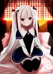  absolute_duo ahoge bad_id bad_pixiv_id bangs bed black_legwear blush brown_eyes curtains dress frilled_dress frills full_body hair_ornament hair_ribbon long_hair long_sleeves pale_skin ribbon seiza senya_fuurin sitting solo thighhighs twintails very_long_hair white_hair window yurie_sigtuna zettai_ryouiki 