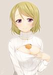  blonde_hair blush breasts cleavage cleavage_cutout food fruit koizumi_hanayo large_breasts looking_at_viewer love_live! love_live!_school_idol_project mandarin_orange meme_attire object_on_breast open-chest_sweater oppai_mochi purple_eyes ribbed_sweater short_hair simple_background smile solo suzume_miku sweater turtleneck 