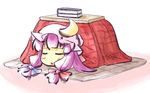  book bow chibi crescent hair_bow hair_ornament hat kotatsu long_hair natsuki_(silent_selena) open_mouth patchouli_knowledge purple_hair sleeping solo table touhou under_kotatsu under_table 