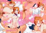  1girl absurdres areolae ass blue_eyes blush bow bowtie breasts censored eyes_closed girl_on_top heart highres kiss kousaka_honoka leg_up legs love_live!_school_idol_project lying navel nipples no_bra no_panties on_side ooyari_ashito open_mouth open_shirt orange_hair penis pillow pussy sequential sex shirt short_hair side_ponytail simple_background sitting sitting_on_person small_breasts socks sweat tears testicles thighs tongue translated vaginal 