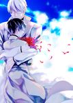  arima_kishou black_hair blue_sky closed_eyes day flower glasses hug kaneki_ken multicolored_hair multiple_boys necktie petals sasaki_haise short_hair sky spider_lily tokyo_ghoul tokyo_ghoul:re trench_coat turtleneck white_hair 