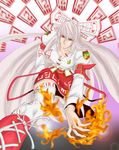  absurdres boots fire fujiwara_no_mokou highres ofuda red_eyes ribbon skirt solo thighhighs touhou versapro white_hair zettai_ryouiki 