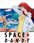  1girl cover dandy_(space_dandy) earrings glasses hands_in_pockets highres jacket jewelry long_hair one-piece_swimsuit red_hair scarlet_(space_dandy) space_dandy surfboard swimsuit 