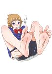  barefoot bike_shorts blue_eyes brown_hair feet gundam gundam_build_fighters gundam_build_fighters_try hoshino_fumina kokuryuugan open_mouth ponytail pov_feet school_uniform soles solo spread_toes toes wiggling_toes 