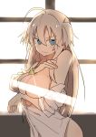  1girl absurdres ahoge blonde_hair blue_eyes blush breast_hold breasts bural_chingu embarrassed eyebrows_visible_through_hair highres large_breasts light_censor looking_at_viewer luke_(dydansgur) open_clothes open_shirt original park_noah topless two_side_up underwear 