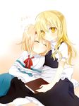  alice_margatroid apron ascot blonde_hair blush book braid capelet closed_eyes couple hairband hug kirisame_marisa long_hair multiple_girls no_hat no_headwear short_hair side_braid sitting sleeping smile touhou tsuno_no_hito waist_apron yellow_eyes yuri 