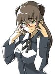  animal_ears bespectacled brown_eyes brown_hair dog_ears glasses johanna_wiese long_hair long_sleeves lowres military military_uniform red-framed_eyewear ribbon simple_background solo uniform uno_ichi white_background world_witches_series 