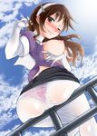  ;) angleich ashigara_(kantai_collection) ass blush breasts breasts_outside brown_eyes brown_hair cloud cloudy_sky day from_behind from_below gloves hairband jpeg_artifacts kantai_collection large_breasts long_hair looking_at_viewer looking_back md5_mismatch nipples one_eye_closed panties panties_under_pantyhose pantyhose pink_panties railing see-through sky smile solo underwear white_gloves white_legwear 