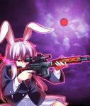  aiming animal_ears blazer bunny_ears dragunov_svd finger_on_trigger glowing glowing_eyes gun jacket long_hair moon necktie purple_hair red_eyes red_moon red_neckwear reisen_udongein_inaba rifle satou_yuuki skirt sniper_rifle solo touhou weapon 