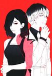  1girl black_hair dress hair_over_one_eye highres kaneki_ken kirishima_touka meiko_(puua) multicolored_hair necktie older red_background sasaki_haise short_hair spoilers tokyo_ghoul tokyo_ghoul:re white_hair 